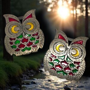 Set of 2 Vintage Cast Iron Owl Trivets Stained Glass Style Red Green Yellow MCM